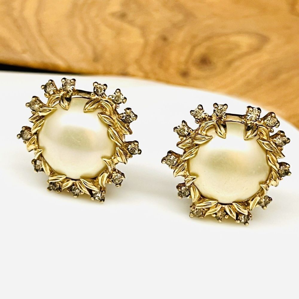 Vintage RARE 50s JOMAZ Mazer Gold Clear Rhinestone Pearl Leaf Clip On Earrings